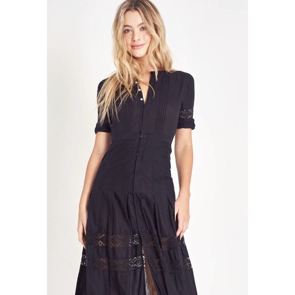 LOVESHACKFANCY Size S Black Edie Cotton Lace Fit & Flare Midi Dress - Picture 15 of 16